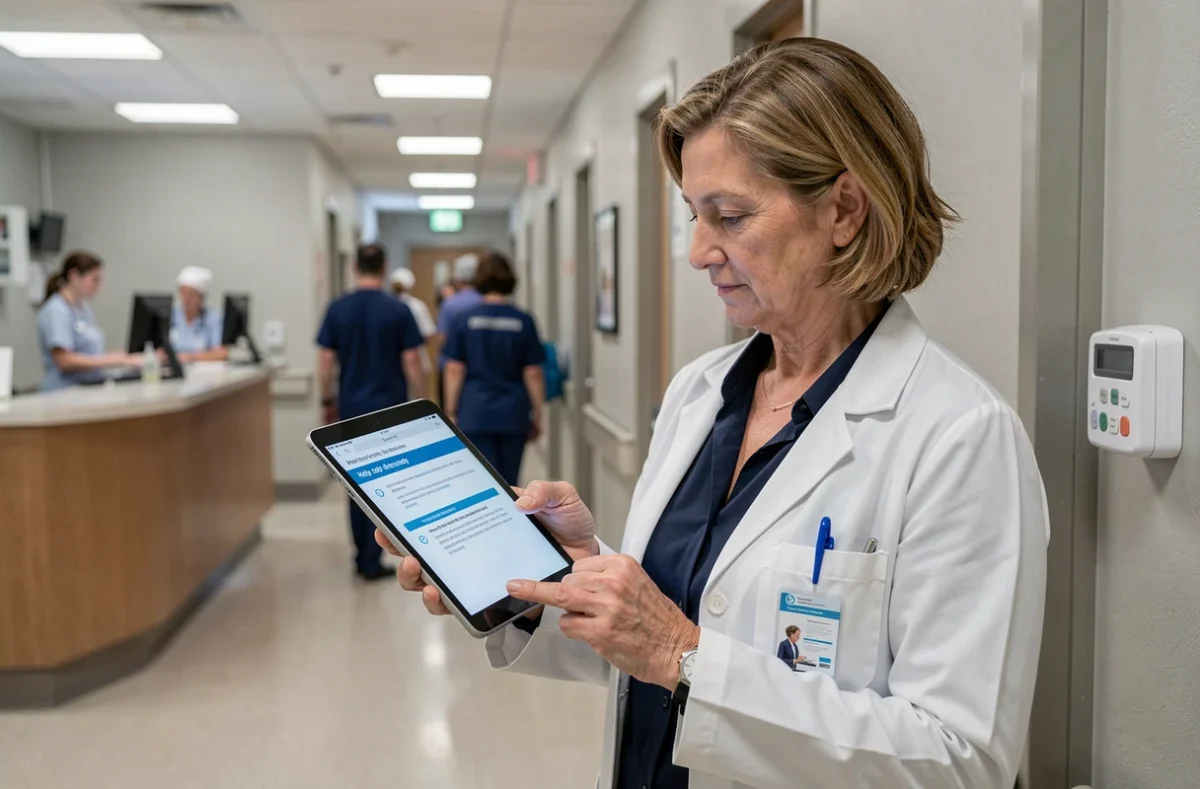 Administratrice hospitalière consultant la documentation d'aide et les ressources de support du logiciel médical v2.medisys sur une tablette