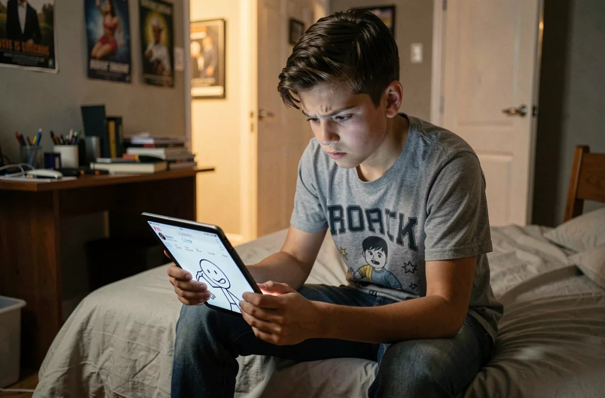 Adolescent seul dans sa chambre exposé au défi viral Bonhomme Allumette sur une tablette numérique