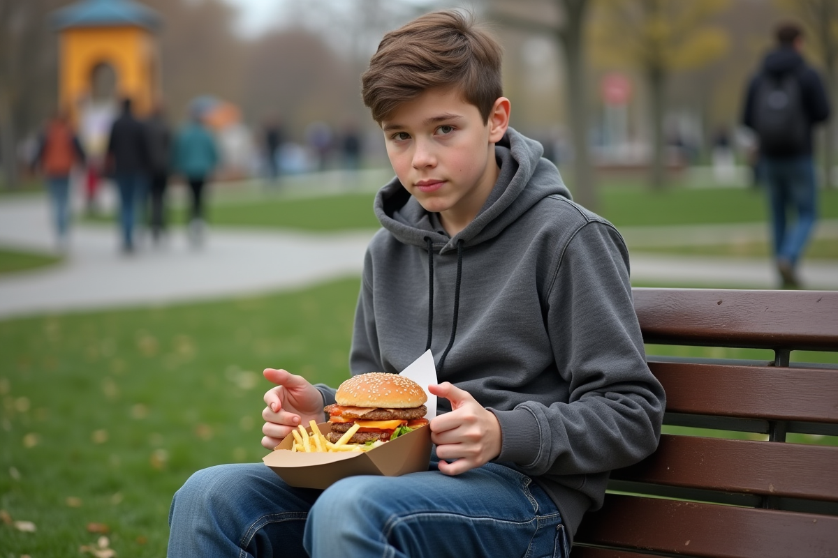 Adolescent mangeant burger dans un parc