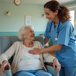 Aide-soignante en uniforme bleu aidant une personne âgée
