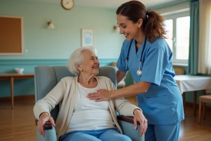 Aide-soignante en uniforme bleu aidant une personne âgée