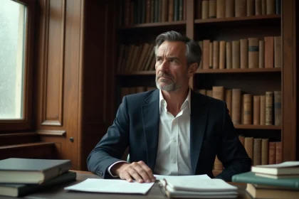 Portrait éditorial d'un homme distingué dans la soixantaine assis à un bureau parisien, illustrant un article sur Alain Bauer et les rumeurs de maladie