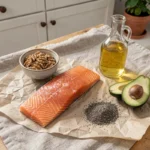 Aliments riches en oméga-3 disposés sur une table en bois : saumon cru, noix, graines de chia, huile de lin et avocat