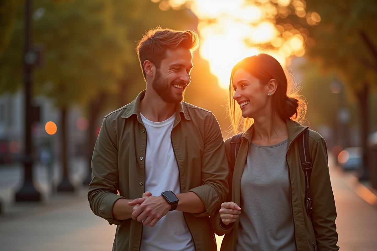 Trois amis souriants vérifiant leur étape sur une montre connectée