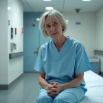 Femme en blouse d'hôpital assise avec anxiété devant une salle d'IRM, exprimant une fatigue émotionnelle et une claustrophobie post-examen