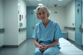 Femme en blouse d'hôpital assise avec anxiété devant une salle d'IRM, exprimant une fatigue émotionnelle et une claustrophobie post-examen