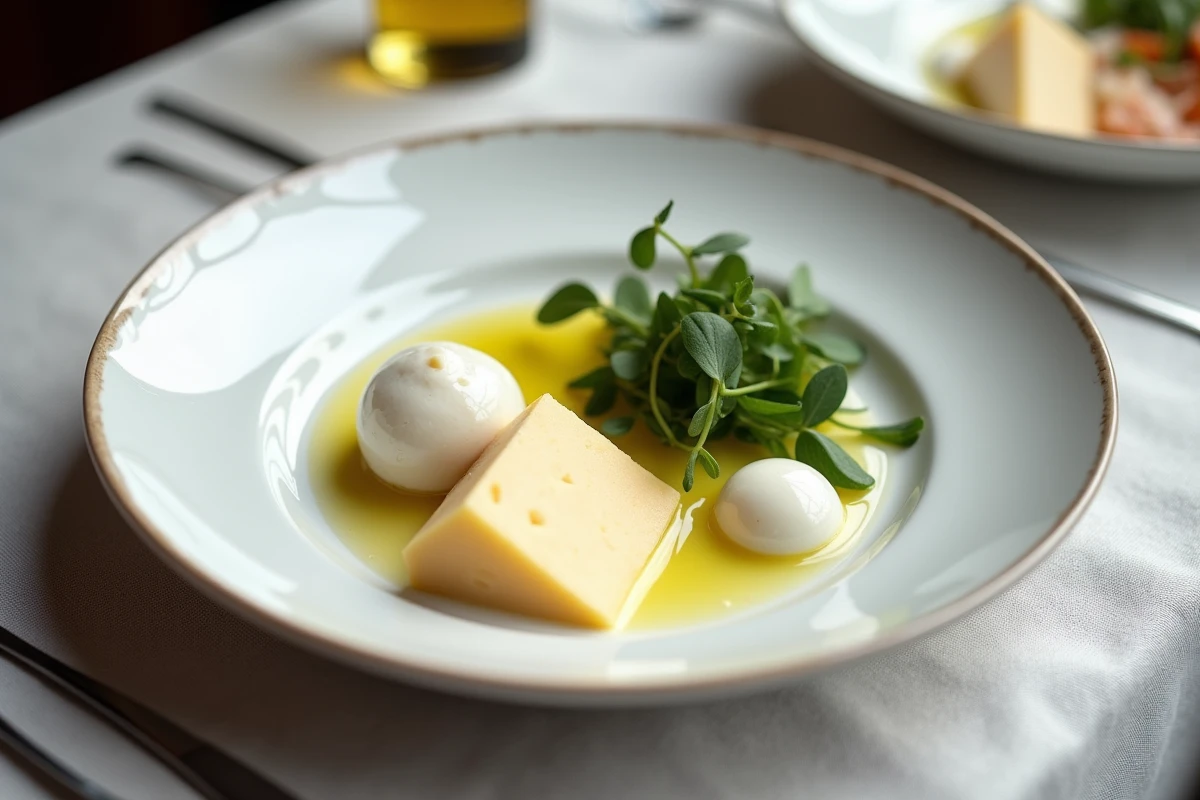 Assiette de fromages adaptés aux diabétiques au restaurant avec parmesan, mozzarella et gruyère sur nappe en lin blanc