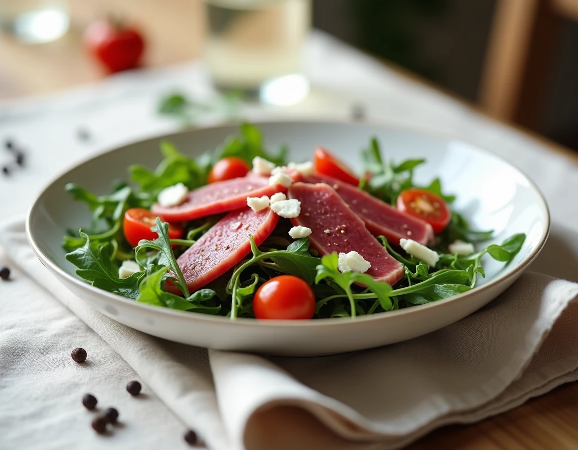 Assiette gastronomique de viande rouge maigre avec roquette et tomates cerises, présentation saine et gourmande pour minceur
