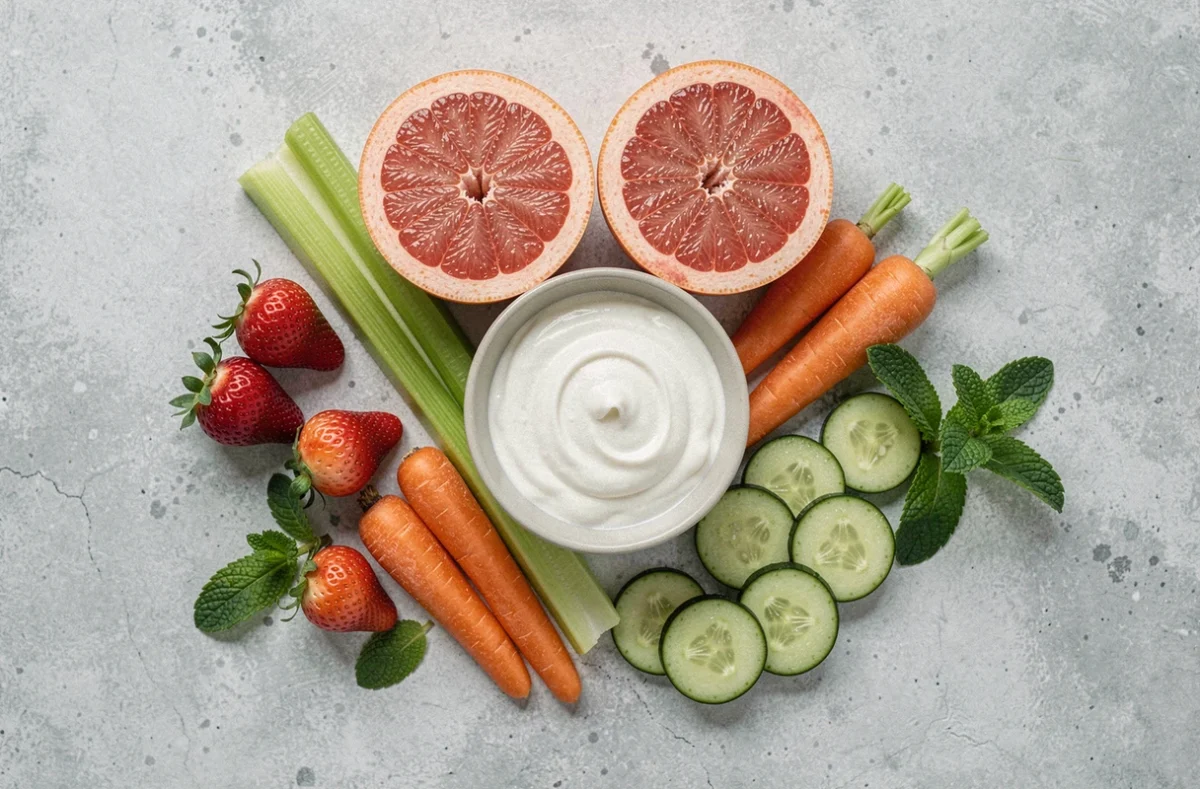 Assortiment de fruits et légumes peu caloriques disposés en flat lay sur fond béton gris clair pour un régime satiété
