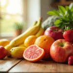 Assortiment de fruits riches en vitamine D sur une table en bois