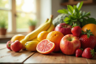 Assortiment de fruits riches en vitamine D sur une table en bois