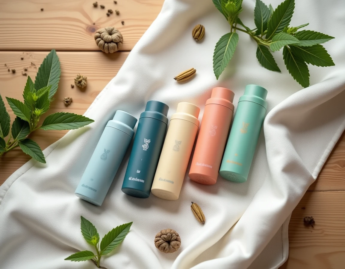 Assortiment de yadom thaïlandais de différentes marques posés à plat avec des herbes médicinales