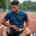 Jeune homme sportif en pause sur la piste d'athlétisme