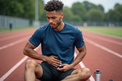 Jeune homme sportif en pause sur la piste d'athlétisme