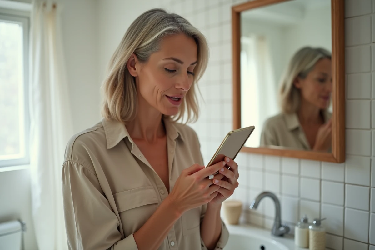 Femme effectuant un auto-examen de la bouche devant le miroir de salle de bain pour surveiller la santé buccale