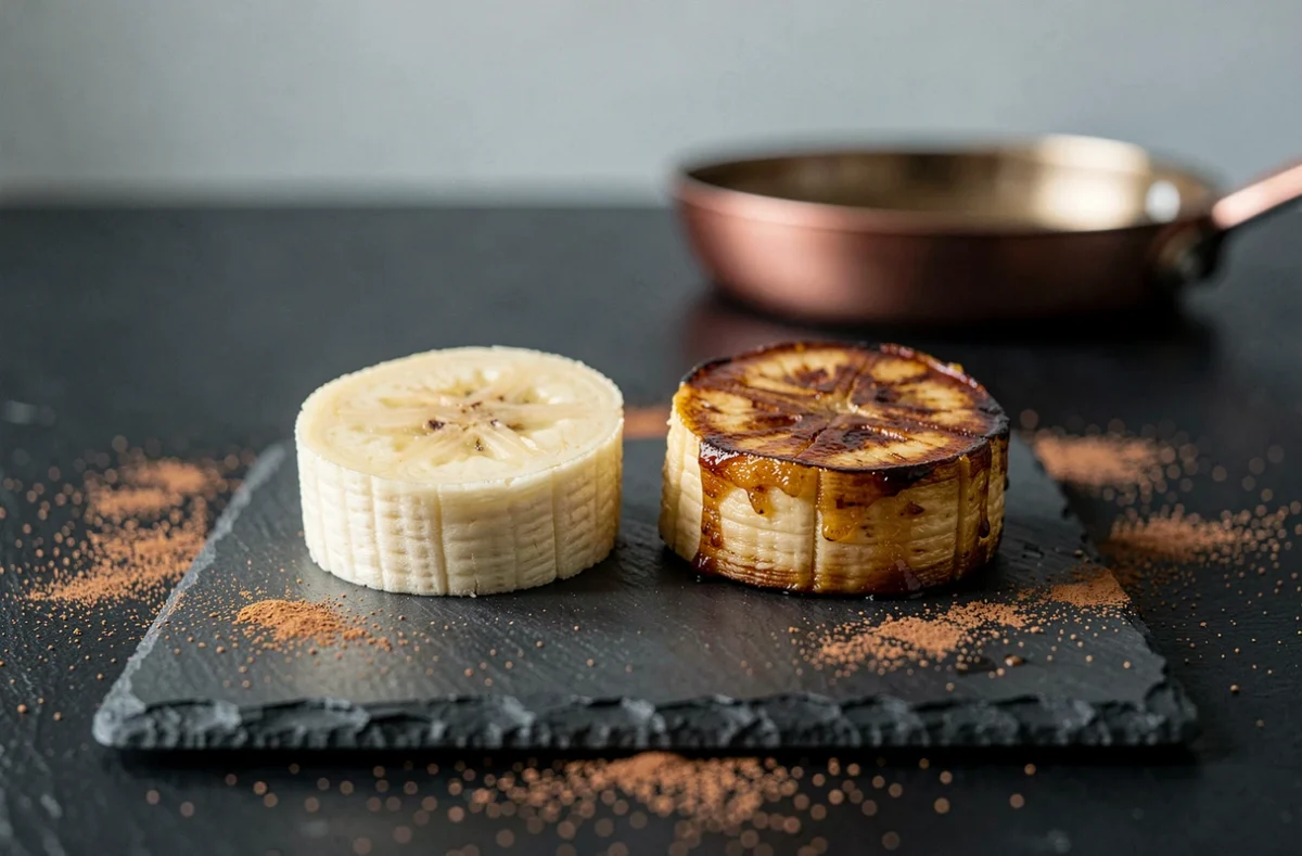 Comparaison visuelle entre une banane crue et une banane cuite caramélisée sur une ardoise, illustrant l'impact de la cuisson sur les calories