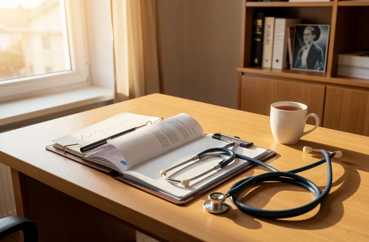 Bureau de médecin avec dossier médical et stéthoscope