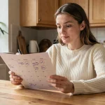 Femme calculant sa date de terme FIV avec un calendrier annoté sur une table en bois
