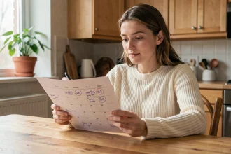 Femme calculant sa date de terme FIV avec un calendrier annoté sur une table en bois