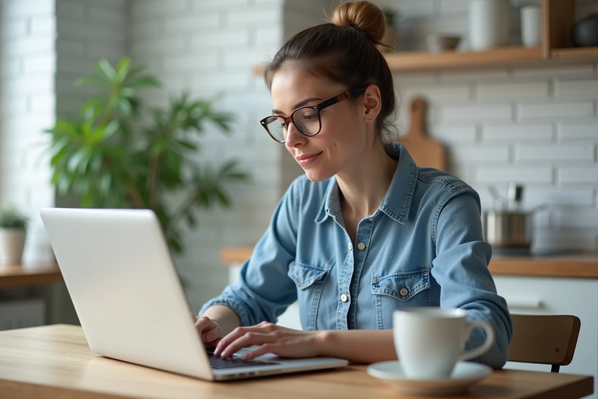 Jeune femme utilisant une calculette en ligne pour l'épaisseur de ses verres de lunettes sur un ordinateur portable