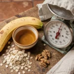 Banane mûre sur une balance vintage en bois avec du miel et des flocons d'avoine, illustration des calories d'une banane dans un contexte de recette maison
