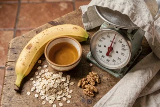 Banane mûre sur une balance vintage en bois avec du miel et des flocons d'avoine, illustration des calories d'une banane dans un contexte de recette maison