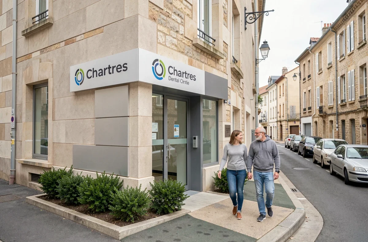 Façade extérieure d'un centre dentaire Dentego à Chartres avec des patients se dirigeant vers l'entrée