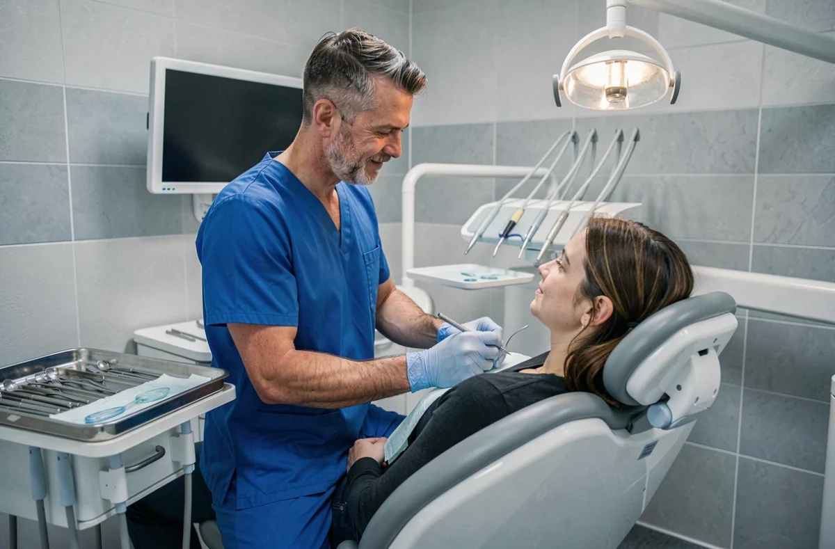Dentiste examinant une patiente dans une salle de soins moderne du centre dentaire Dentego à Orléans