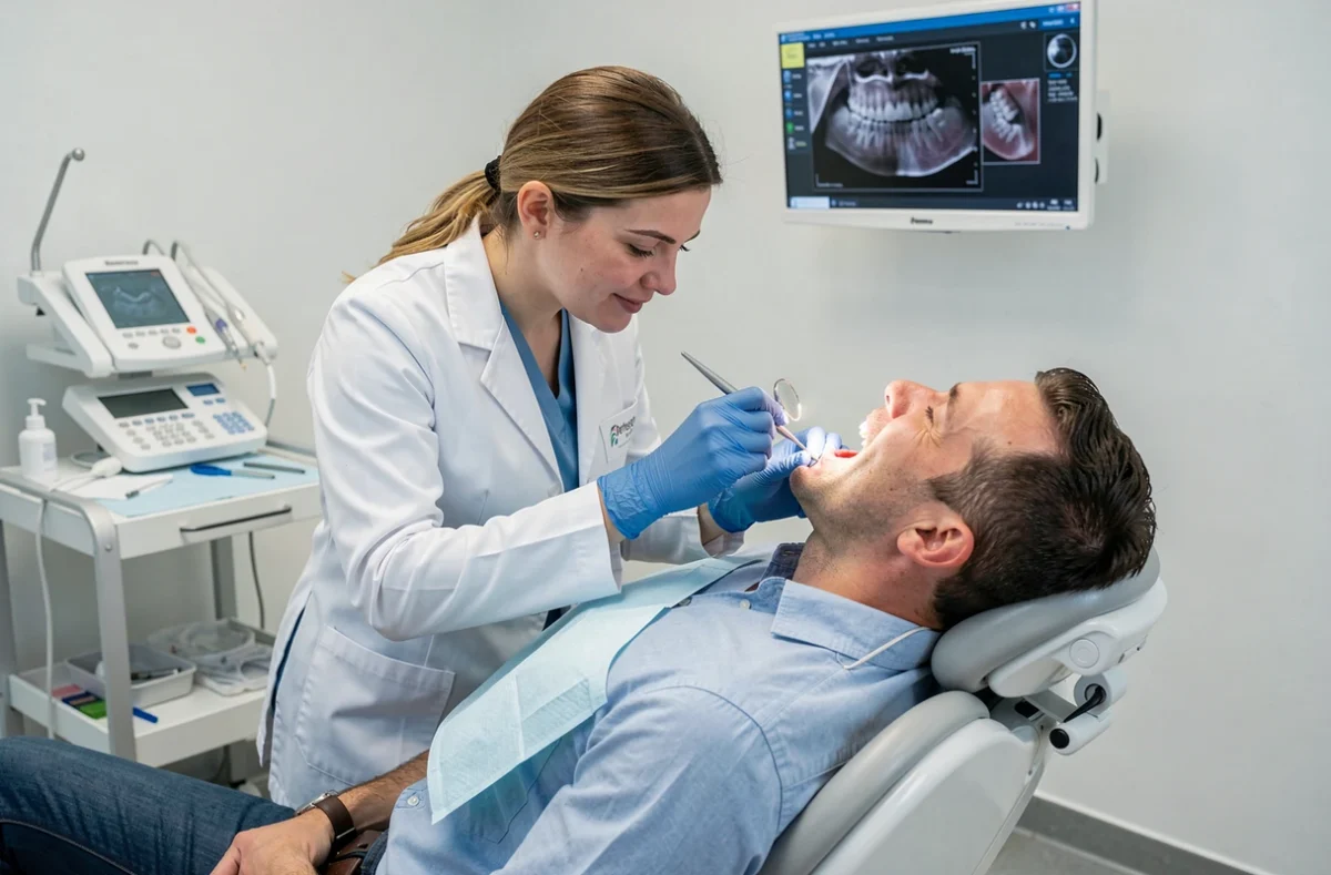 Dentiste du centre Dentego de Tours inspectant les dents d'un patient lors d'une consultation dentaire