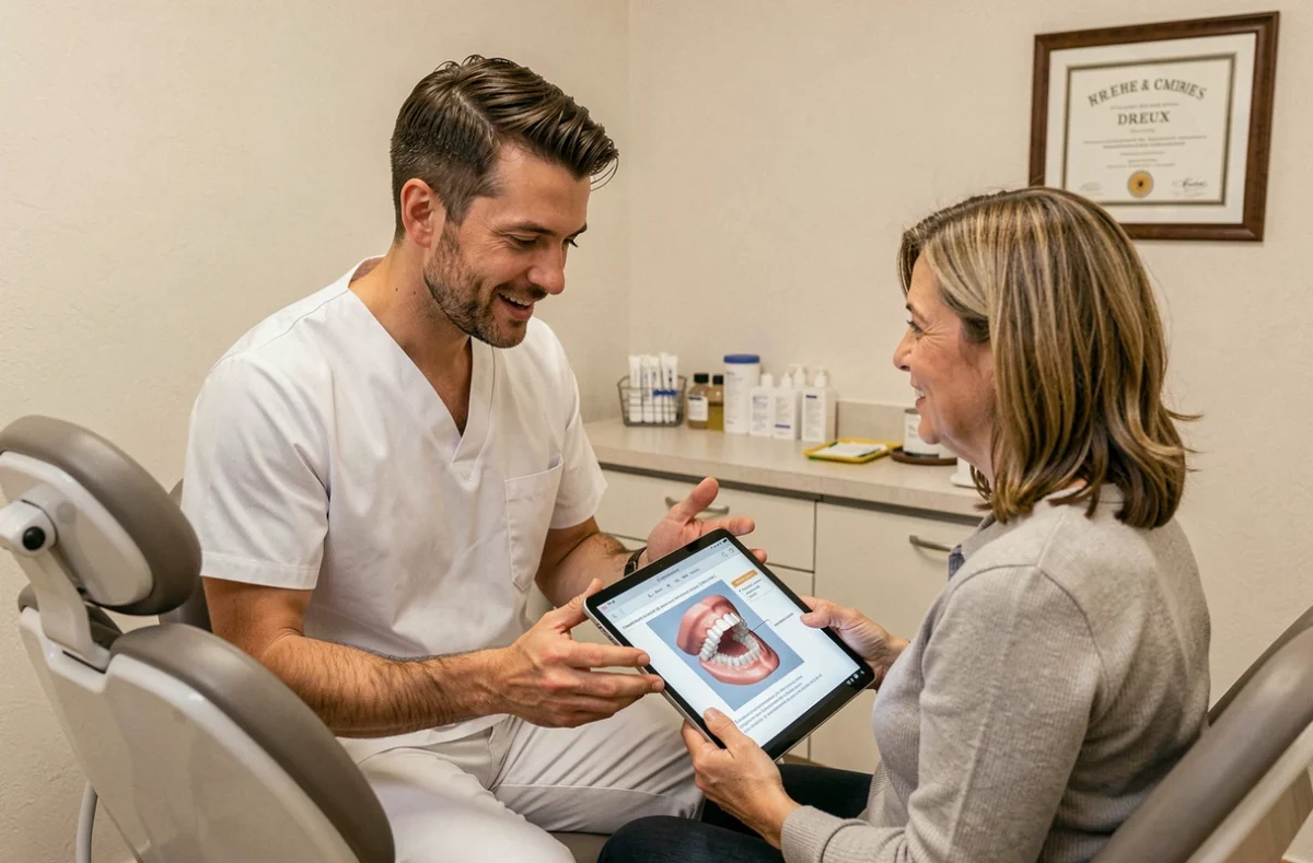 Dentiste présentant un plan de traitement sur tablette à une patiente au centre de santé dentaire de Dreux