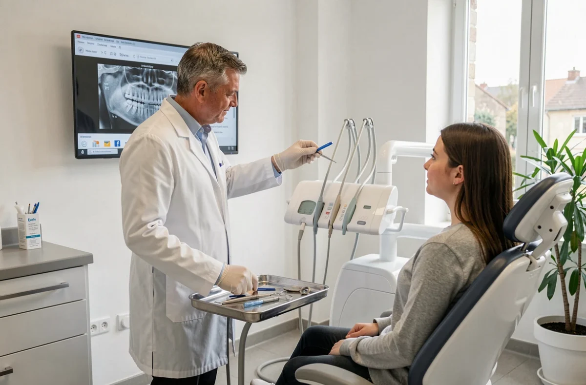 Dentiste et patiente analysant une radiographie dentaire au centre de santé dentaire mutualiste de Blois