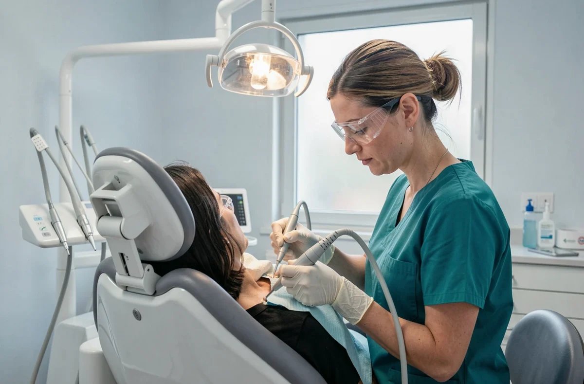 Hygiéniste dentaire effectuant un détartrage sur un patient au centre de santé dentaire mutualiste de Bourges