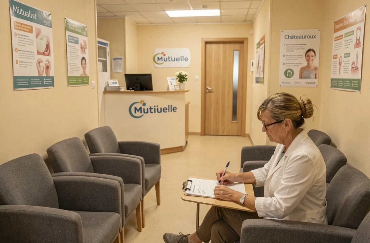 Salle d'attente du centre de santé dentaire mutualiste de Châteauroux avec une patiente remplissant un formulaire