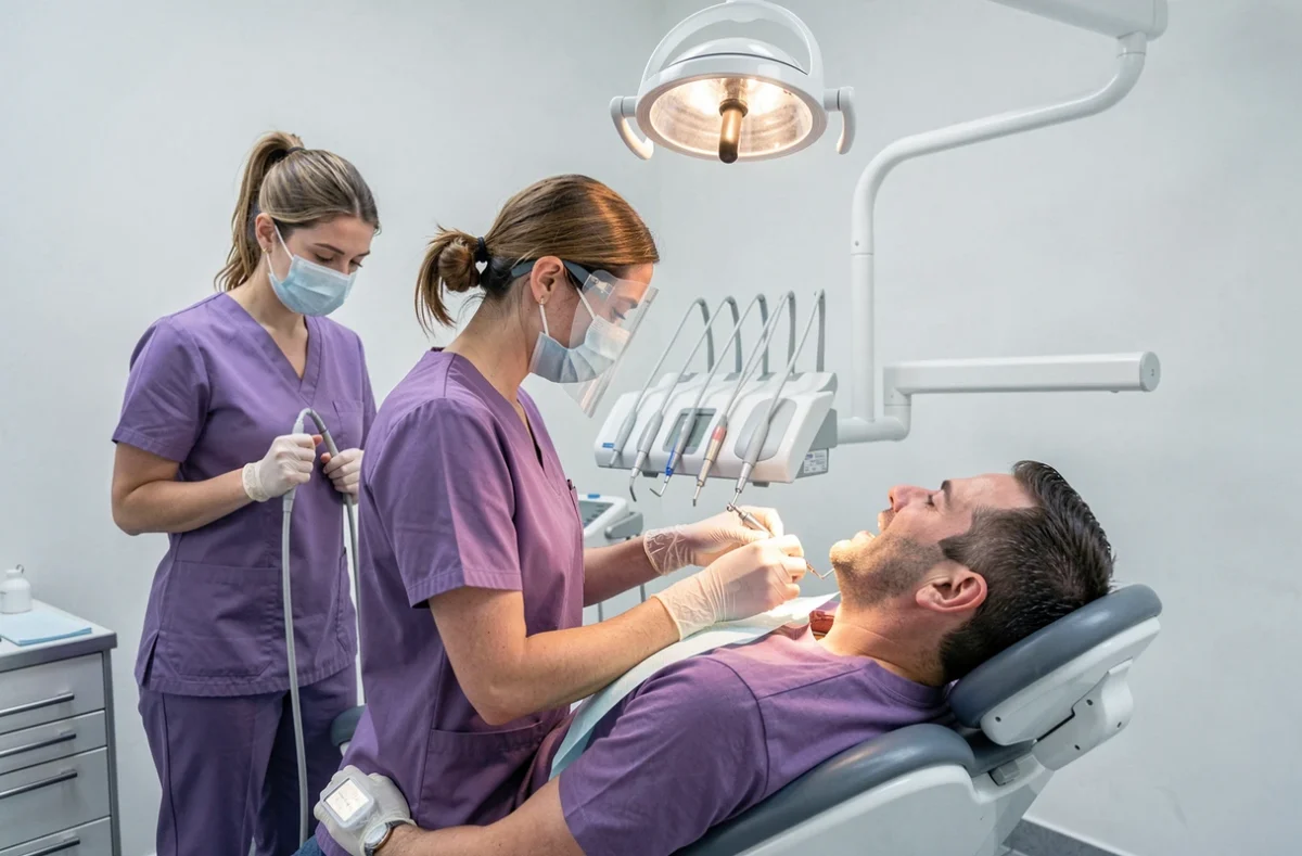 Dentiste et assistante réalisant un soin dentaire dans la salle de traitement du centre mutualiste de Tours