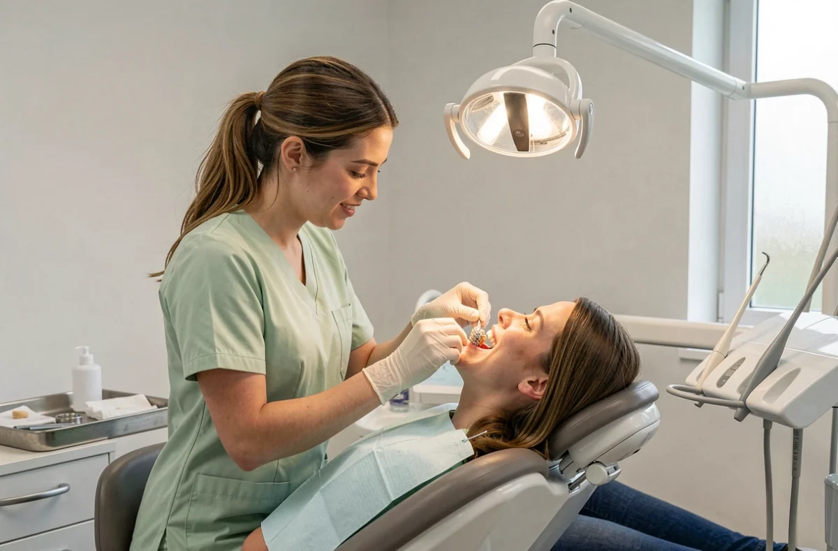 Jeune dentiste posant une couronne dentaire sur un patient au centre de santé dentaire de Vendôme