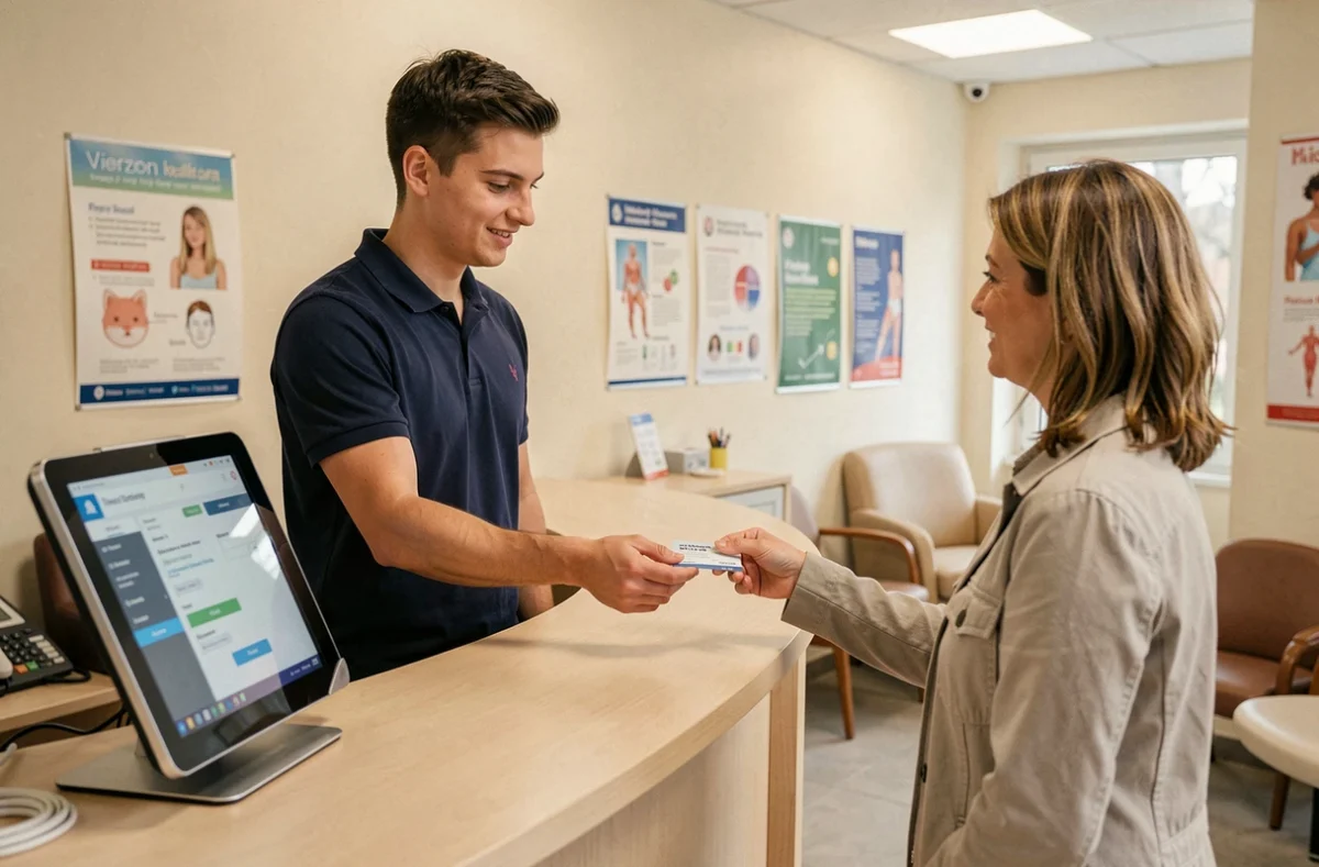 Réceptionniste du centre de santé dentaire de Vierzon remettant une carte vitale à une patiente à l'accueil