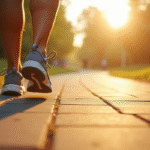 Chaussures de sport sur un chemin ensoleille au matin