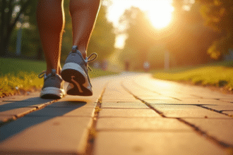 Chaussures de sport sur un chemin ensoleille au matin