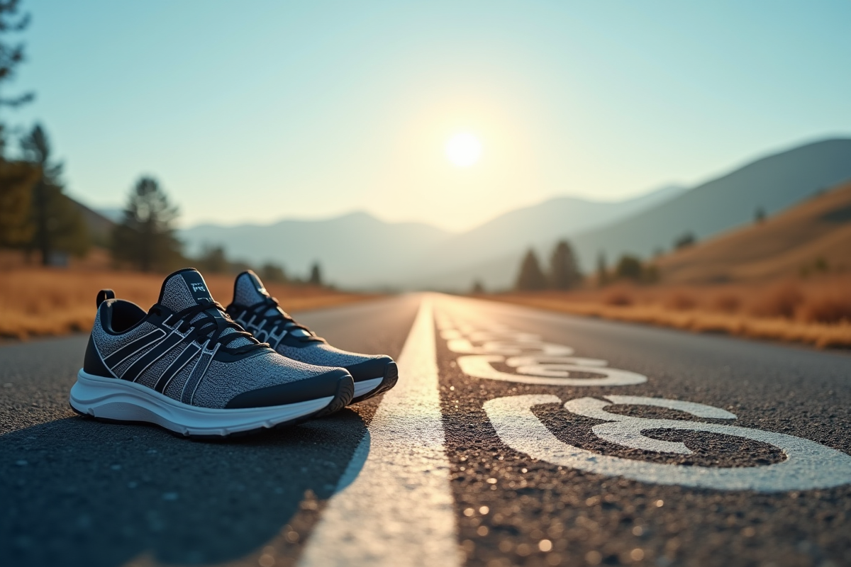 Chaussures de course sur un sentier pavé avec marquages
