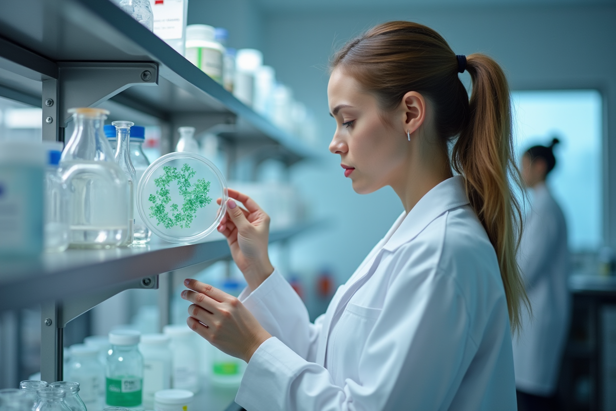 Chercheuse en laboratoire examinant des cultures de cellules souches