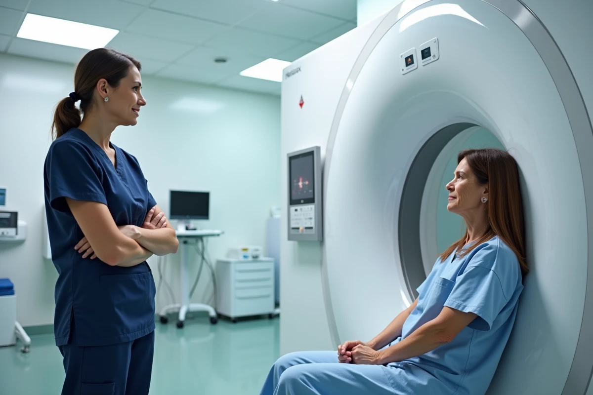 Patiente anxieuse et claustrophobe discutant avec une radiologue devant un appareil IRM dans une salle d'imagerie médicale