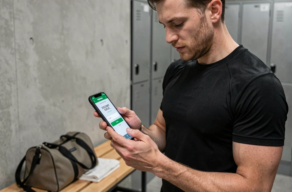Homme en tenue de sport saisissant un code de réduction Myprotein sur l'application mobile après une séance d'entraînement