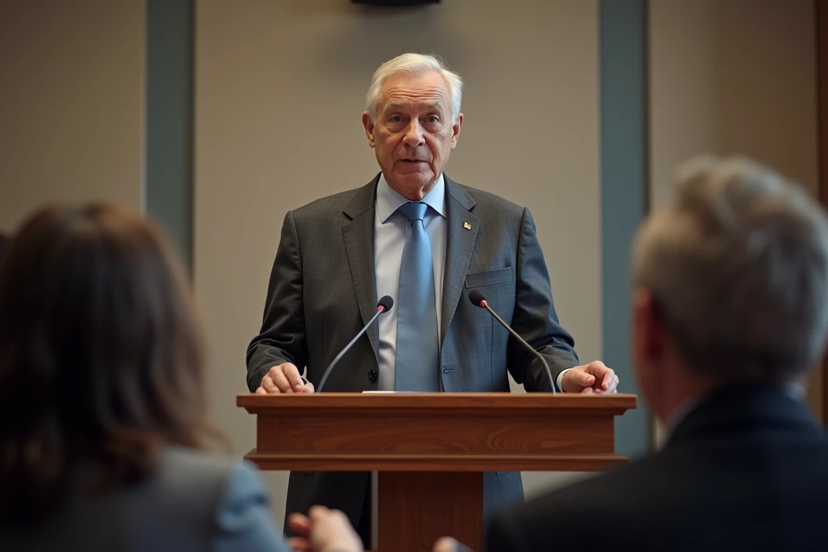 Homme politique âgé prenant la parole à une conférence de presse face aux journalistes à Paris