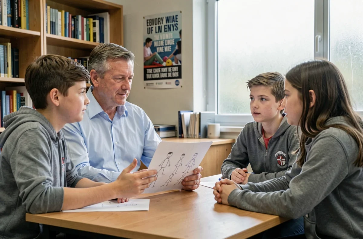 Conseiller scolaire discutant du défi Bonhomme Allumette avec des adolescents dans un bureau de collège