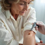 Femme âgée en consultation dermatologique examinant une verrue séborrhéique sur l'avant-bras avec un dermatologue