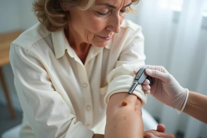 Femme âgée en consultation dermatologique examinant une verrue séborrhéique sur l'avant-bras avec un dermatologue