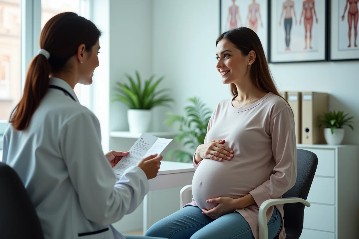 Femme enceinte lors d'une consultation médicale abordant sereinement les questions liées au cerclage et à la vie intime