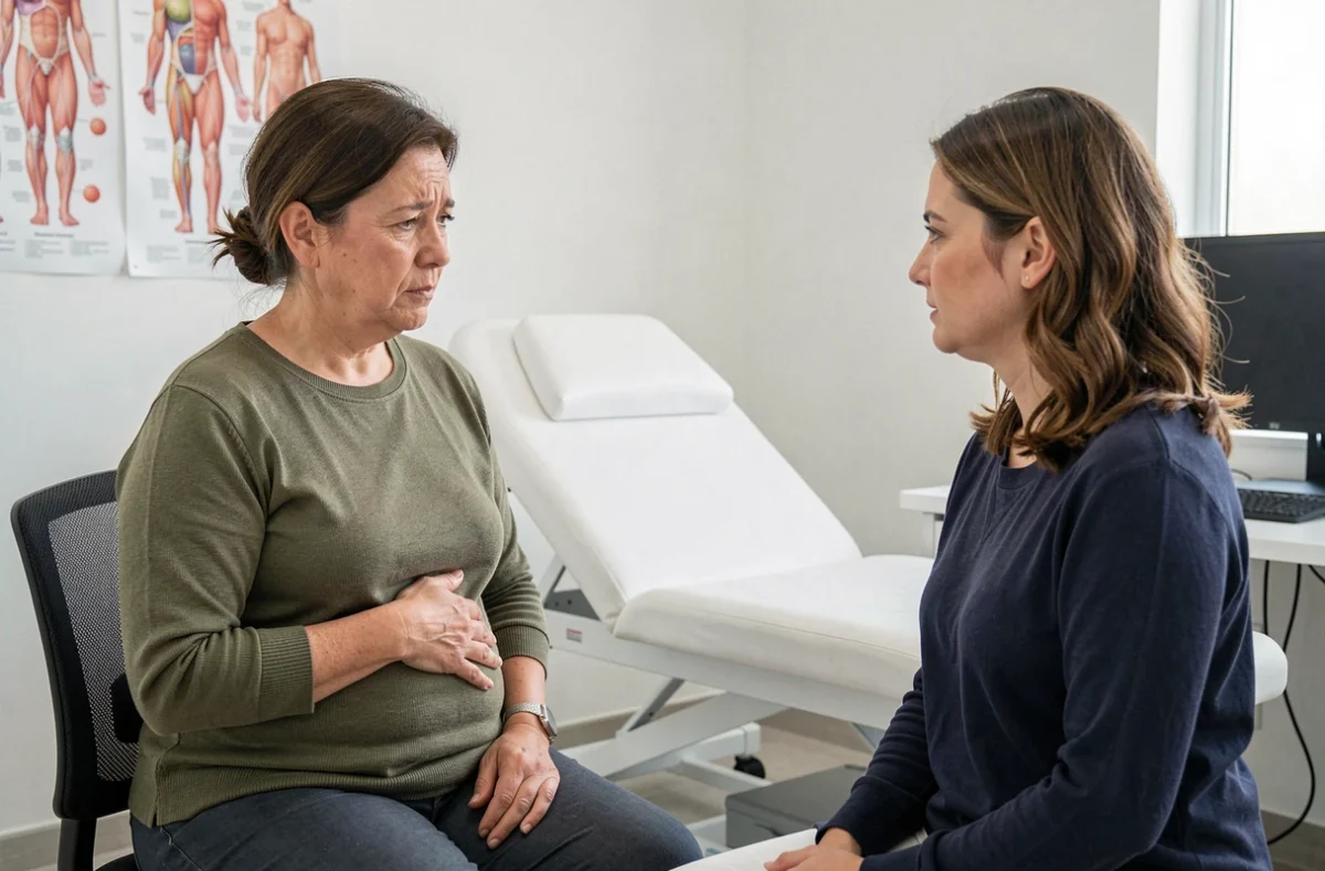 Femme consultant une médecin au sujet de mouvements abdominaux nocturnes, scène de consultation médicale réaliste et informative