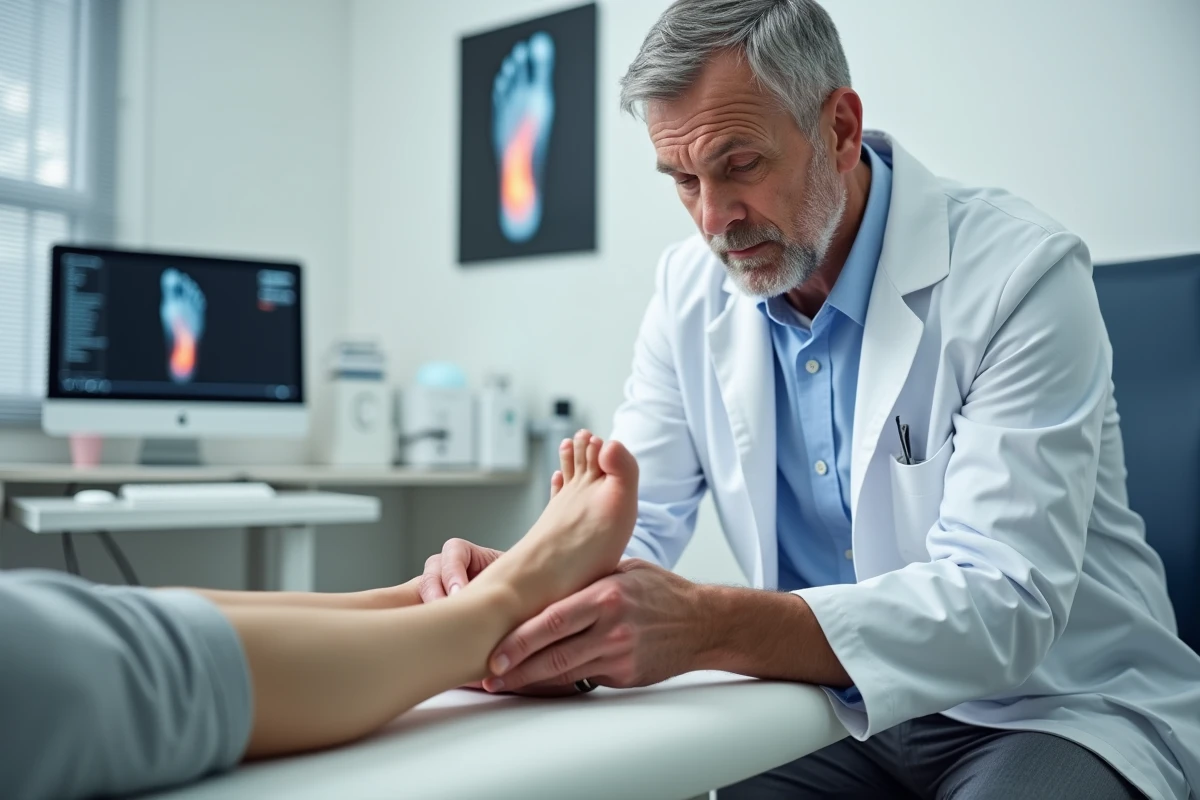 Médecin orthopédiste examinant le talon d'un patient pour diagnostiquer une épine calcanéenne lors d'une consultation médicale