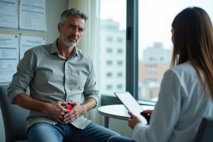 Patient homme et docteur dans un cabinet médical moderne